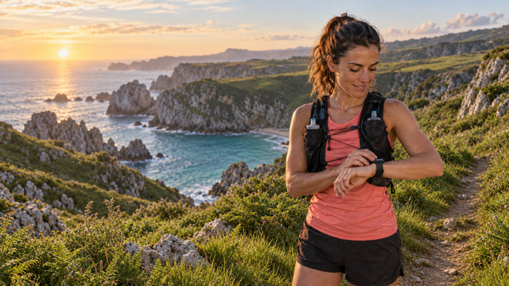 Corredora de trail consultando su reloj en la costa de Prellezo, Cantabria